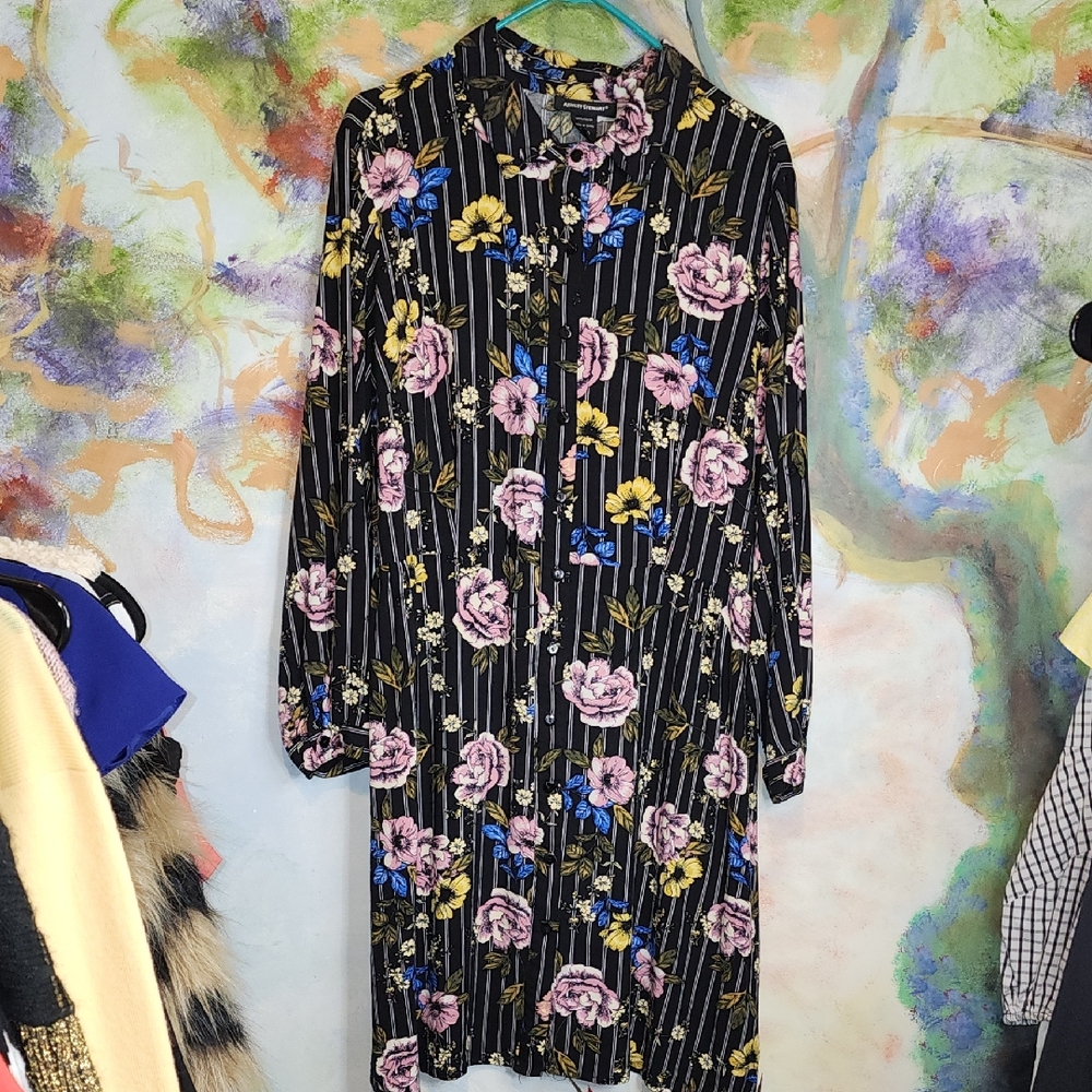 Ashley Stewart Black Floral Long Sleeve Dress